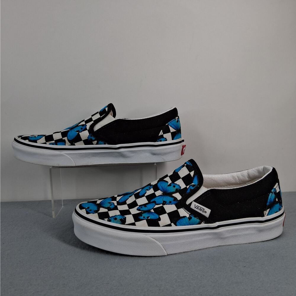 Vans Classic Slip-On Shoes Sneakers Women's Size 7 Butterfly Checkerboard Blue - Picture 2 of 9